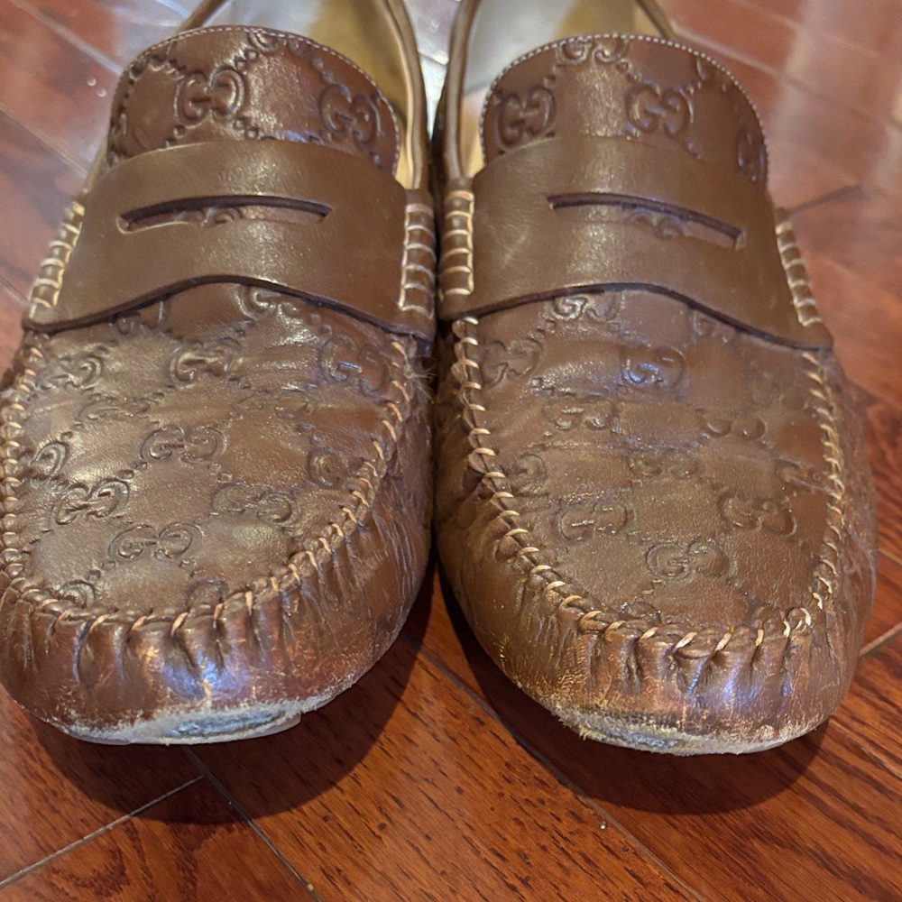Gucci Embossed Brown Leather Men's Slip-Ons